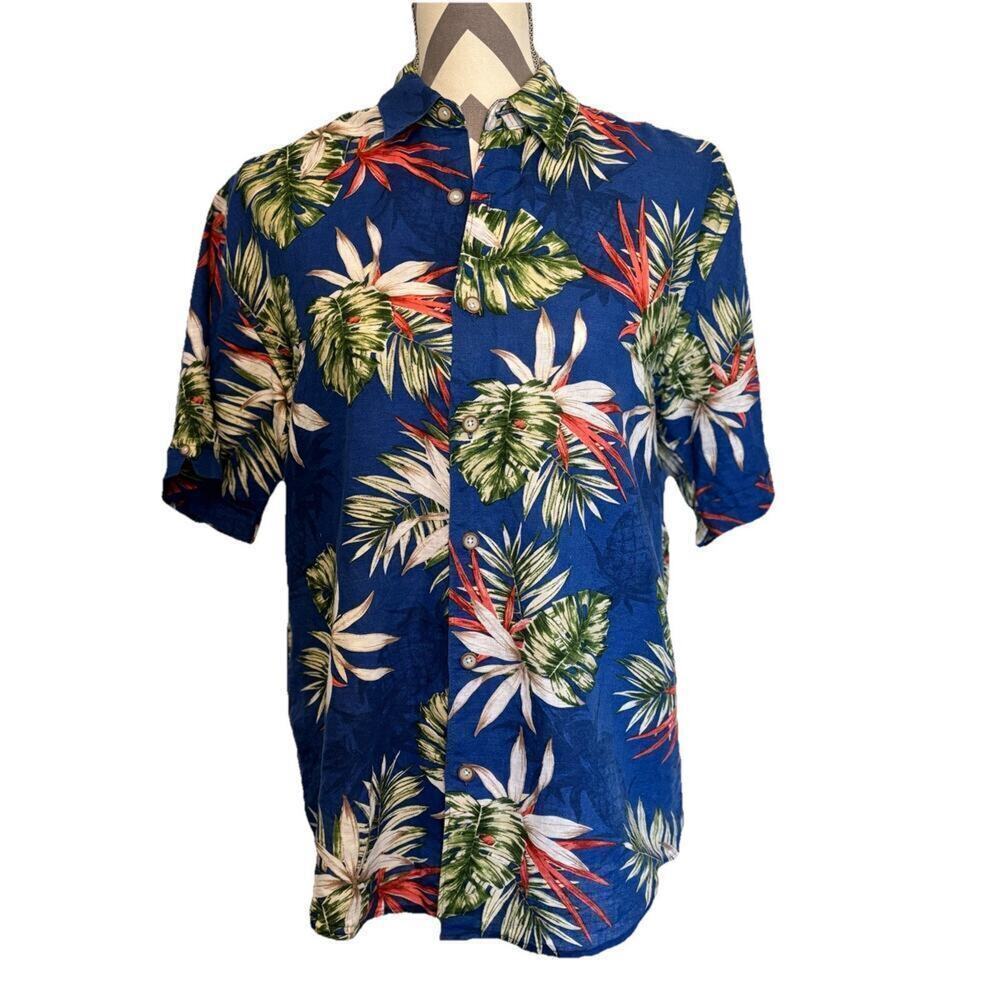 Cubavera Linen Shirt Small Blue Floral Hawaiian Button Up Short Sleeve Mens